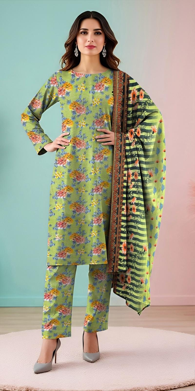 3 Piece Printed Lawn Suit with Dupatta for Women 1028