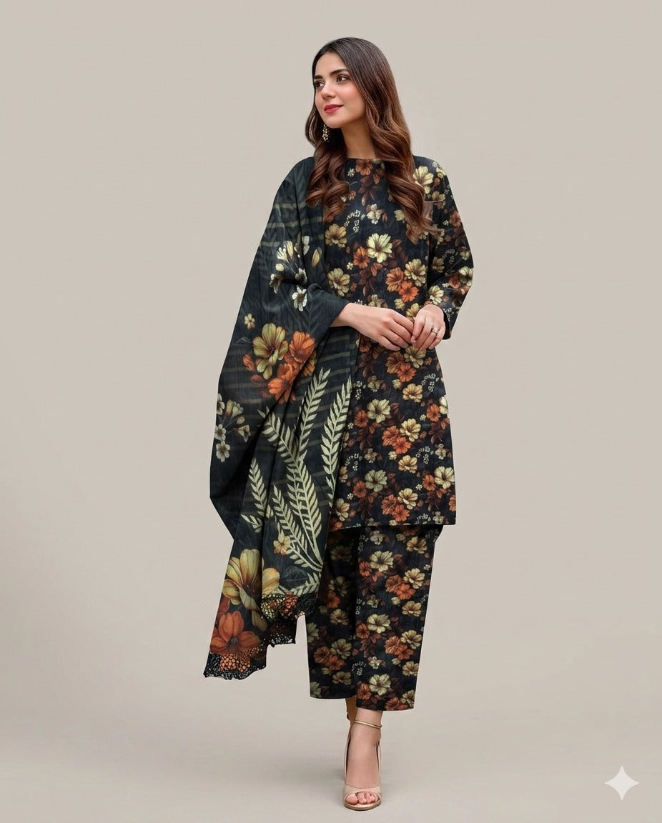 Floral 3-Piece Lawn Suit – Elegant Summer Wear 1015
