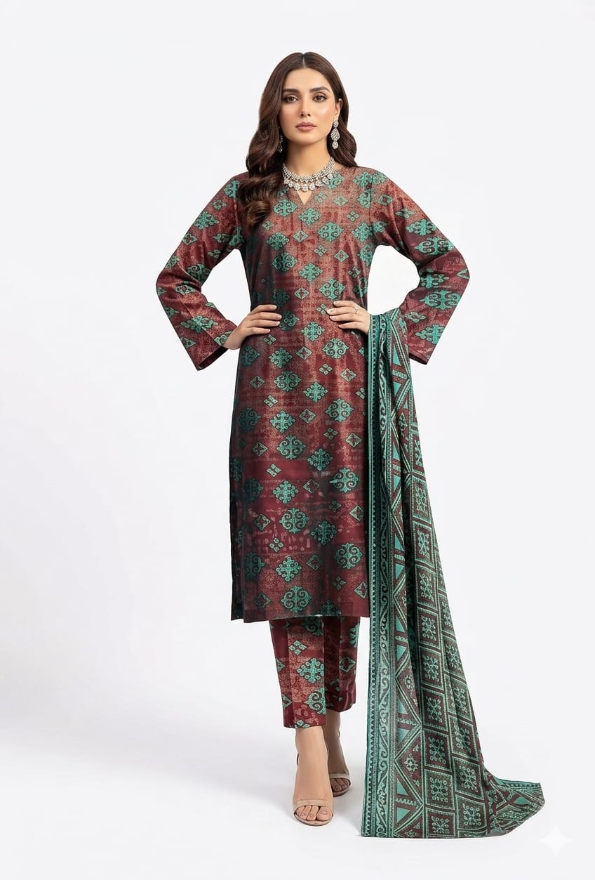 3 Piece Printed Lawn Suit with Dupatta for Women 1034