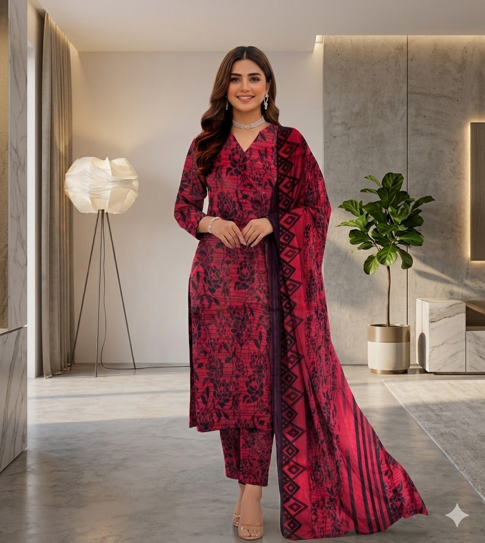 3 Piece Printed Lawn Suit with Dupatta for Women 1018